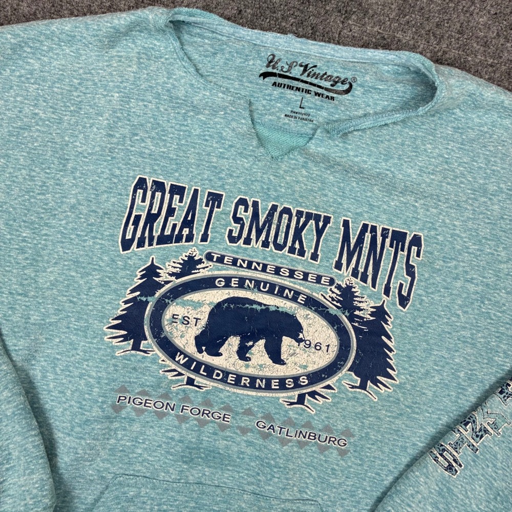 U.S. Vintage Great Smoky Mountains Tennessee Bear Sweatshirt Teal Blue Large